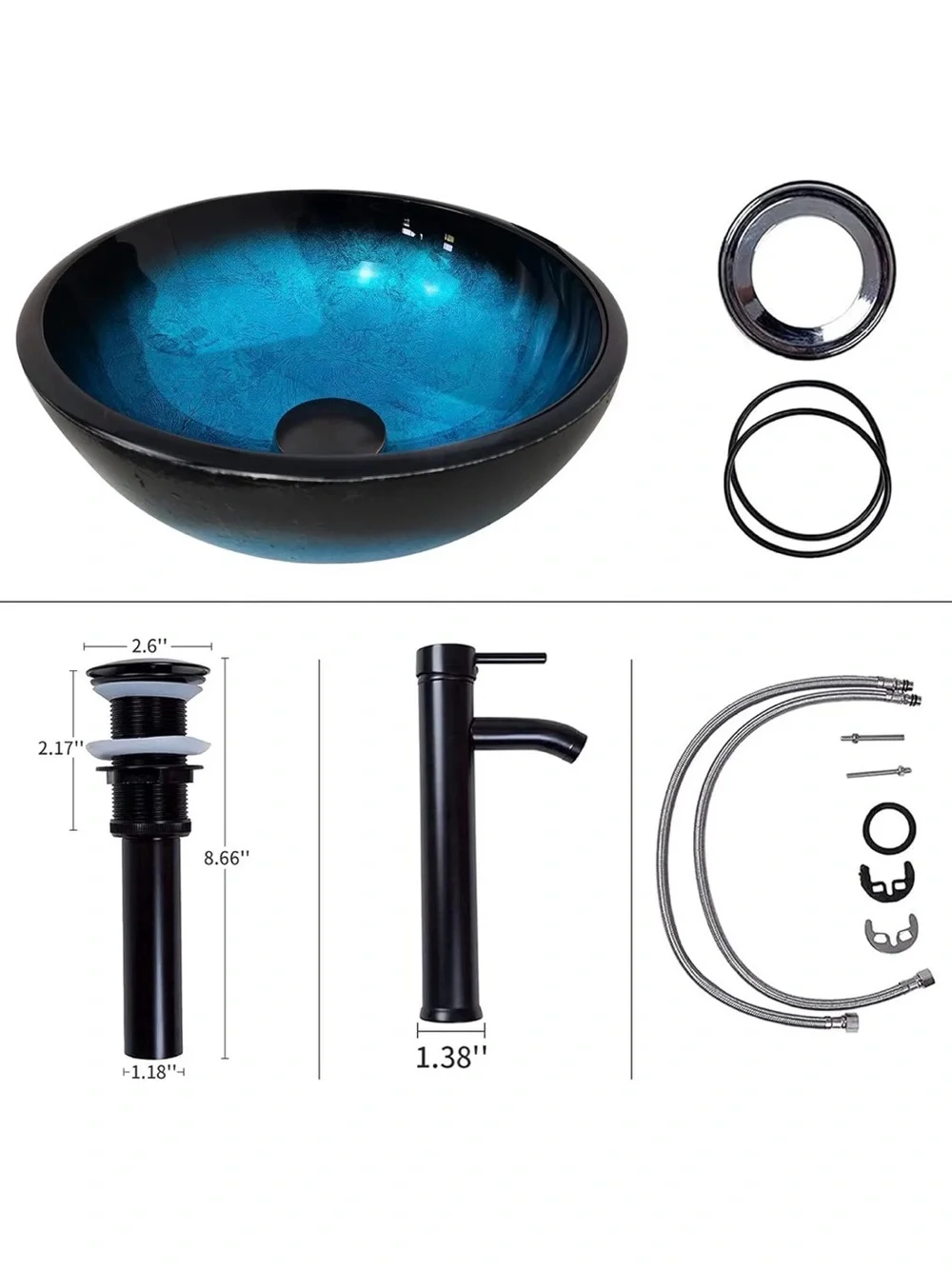 Glass Vessel Sink in Deep Blue with Faucet, Contemporary Bowl - New in Box